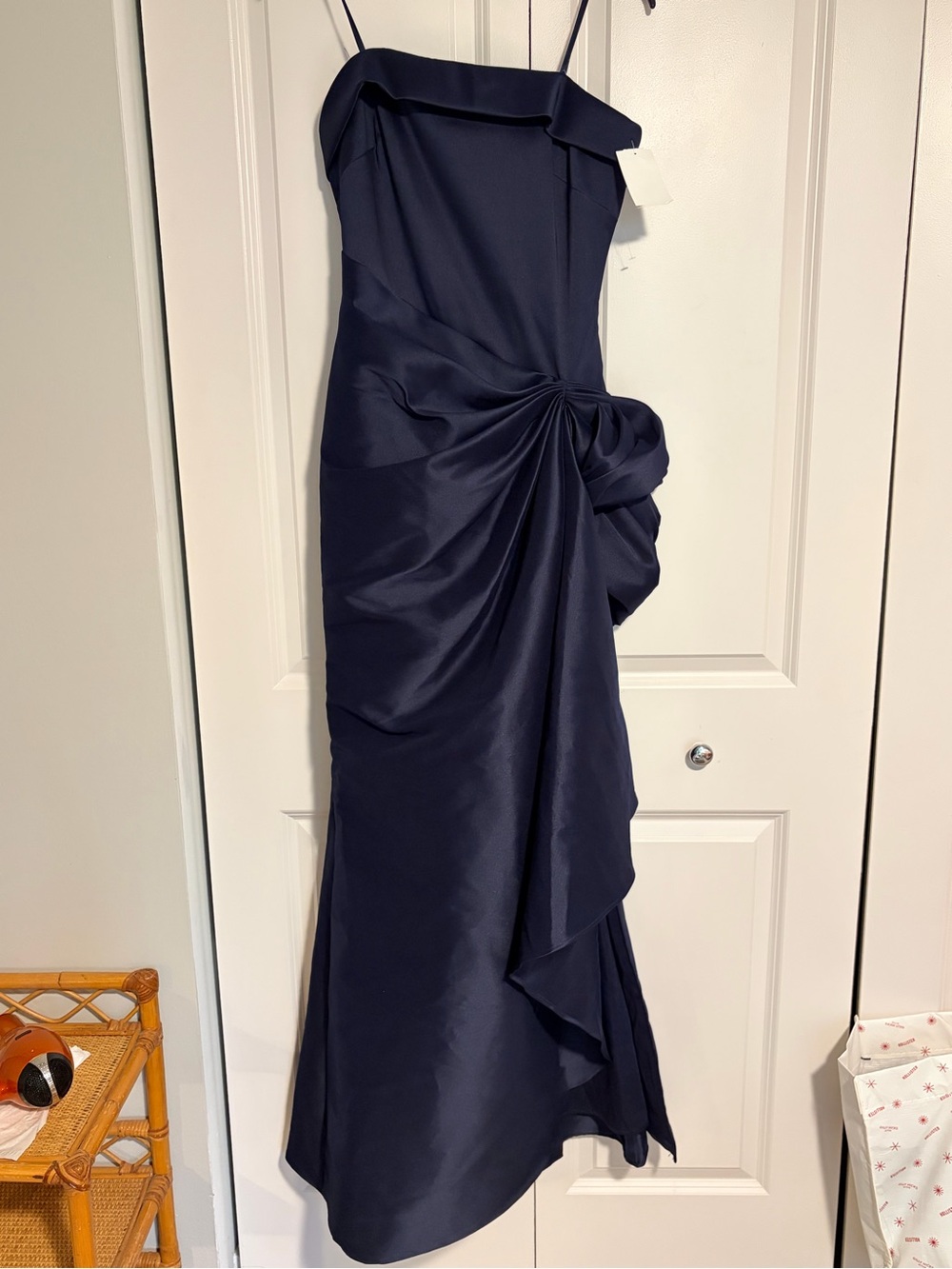 Satin Draped Navy Blue Evening Gown - Picture 9 of 12